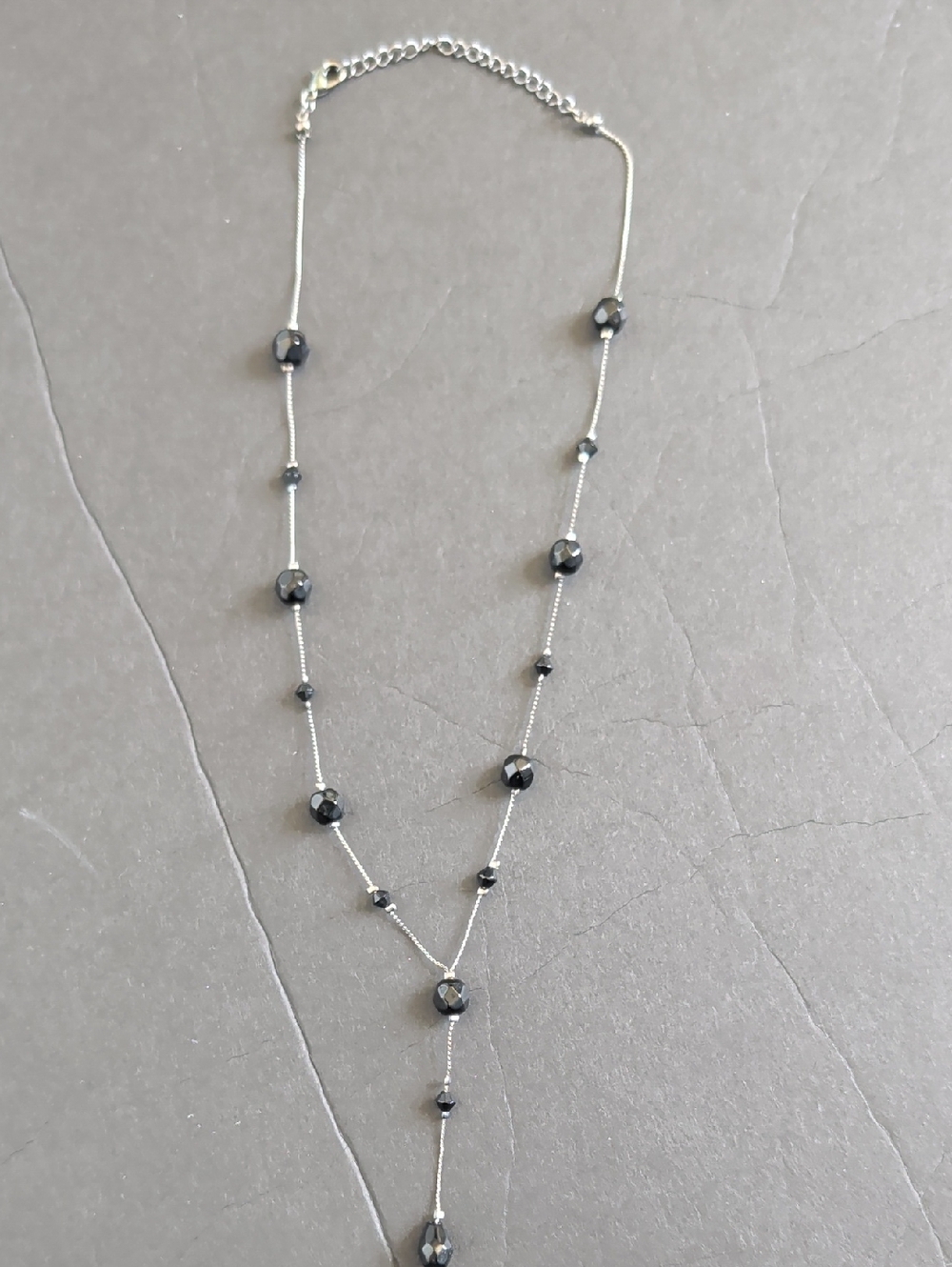 Elegant Black Bead Y-Necklace with Silver Chain